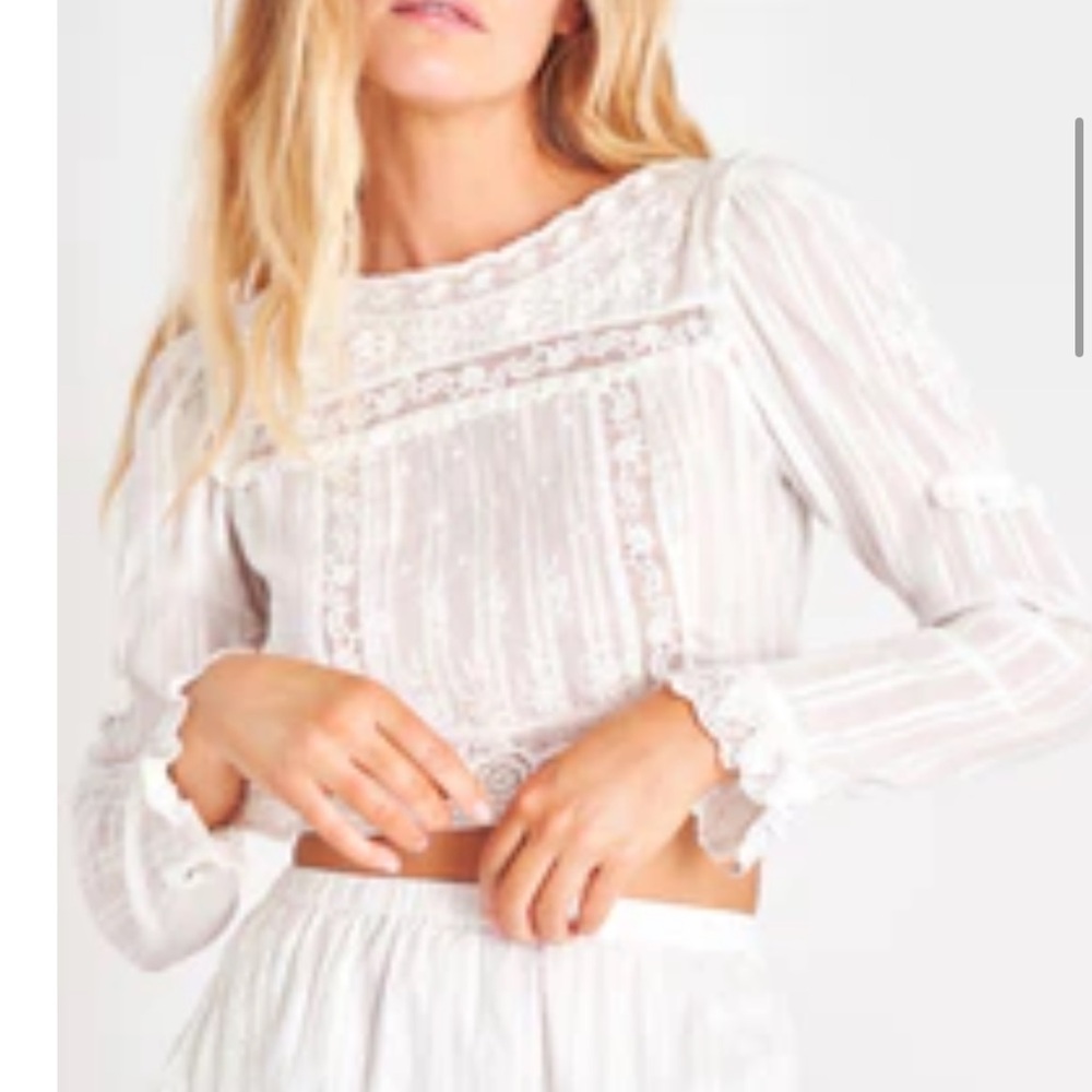 LoveShackFancy White Lace Pintuck Long-Sleeve Top